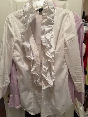 Ann Taylor White Ruffled Collar Button-Up Top
